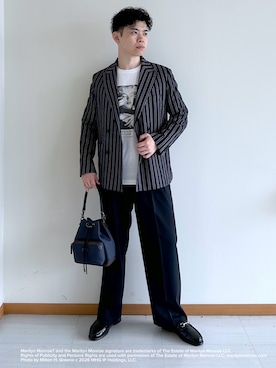 「TAKEO KIKUCHI（タケオキクチ）の【BOWLER HAT LABEL】サッカーストライプ ダブルジャケット（テーラードジャケット、ブルー系）」を使った、イッシーさん（メンズ・172cm）の夏コーディネート
