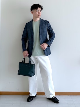 「TAKEO KIKUCHI（タケオキクチ）の【抗菌防臭】COOL DOTS（R）ドビープリント ジャケット（テーラードジャケット、ブルー系）」を使った、イッシーさん（メンズ・172cm）の夏コーディネート