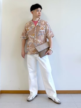 「TAKEO KIKUCHI（タケオキクチ）の【BOWLER HAT LABEL】トロピカルフローラル レーヨンシャツ（シャツ/ブラウス、ベージュ系）」を使った、イッシーさん（メンズ・172cm）の夏コーディネート