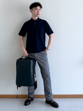 「TAKEO KIKUCHI（タケオキクチ）の【通気性】AIR TOOL ポロシャツ（ポロシャツ、ブルー系）」を使った、イッシーさん（メンズ・172cm）の夏コーディネート