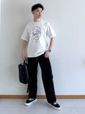 「TAKEO KIKUCHI（タケオキクチ）の【BOWLER HAT LABEL】アイスクリアコットン ワンストローク 半袖Tシャツ（Tシャツ/カットソー、ホワイト系）」を使った、イッシーさん（メンズ・172cm）の夏コーディネート
