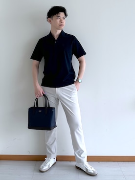 「TAKEO KIKUCHI（タケオキクチ）の【接触冷感】アイスクリアコットン ワンポイント ポロシャツ（ポロシャツ、ブルー系）」を使った、イッシーさん（メンズ・172cm）の夏コーディネート