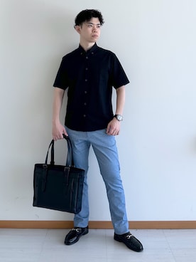 「TAKEO KIKUCHI（タケオキクチ）の【接触冷感】ジャージストライプ シャツ（ビジネスシャツ、ブラック系）」を使った、イッシーさん（メンズ・172cm）の夏コーディネート
