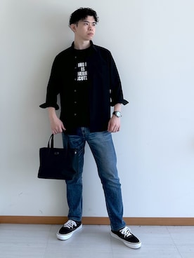 「TAKEO KIKUCHI（タケオキクチ）の【通気性】トリコットサッカー 7分袖シャツ（シャツ/ブラウス、ブラック系）」を使った、イッシーさん（メンズ・172cm）の夏コーディネート