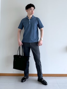 「TAKEO KIKUCHI（タケオキクチ）の【抗菌防臭】ステイフレッシュ ポロシャツ（ポロシャツ、ブルー系）」を使った、イッシーさん（メンズ・172cm）の夏コーディネート