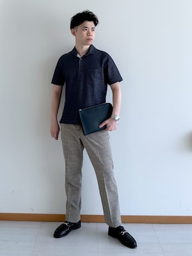 「TAKEO KIKUCHI（タケオキクチ）の【抗菌防臭】ステイフレッシュ ポロシャツ（ポロシャツ、ブルー系）」を使った、イッシーさん（メンズ・172cm）の夏コーディネート