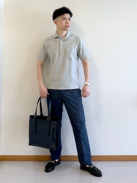 「TAKEO KIKUCHI（タケオキクチ）の【抗菌防臭】ステイフレッシュ ポロシャツ（ポロシャツ、グレー系）」を使った、イッシーさん（メンズ・172cm）の夏コーディネート