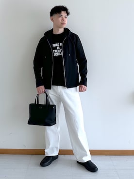 「TAKEO KIKUCHI（タケオキクチ）の【撥水・洗える・シワになりにくい】 リランチェ（R） フードブルゾン（シャツ/ブラウス、ブラック系）」を使った、イッシーさん（メンズ・172cm）の夏コーディネート