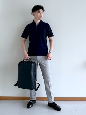 「TAKEO KIKUCHI（タケオキクチ）の【抗菌防臭】ステイフレッシュ ポロシャツ（ポロシャツ、ブルー系）」を使った、イッシーさん（メンズ・172cm）の夏コーディネート