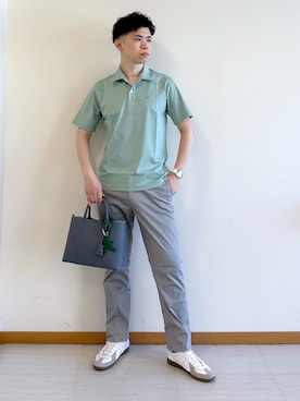 「TAKEO KIKUCHI（タケオキクチ）の【接触冷感】アイスクリアコットン ワンポイント ポロシャツ（ポロシャツ、グリーン系）」を使った、イッシーさん（メンズ・172cm）の夏コーディネート