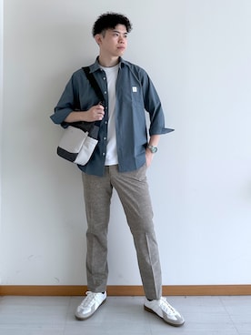 「TAKEO KIKUCHI（タケオキクチ）の【日本製】DotAir（R）サッカー7分袖シャツ（シャツ/ブラウス、ブルー系）」を使った、イッシーさん（メンズ・172cm）の夏コーディネート