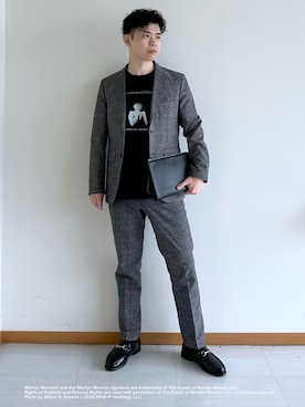 「TAKEO KIKUCHI（タケオキクチ）の【抗菌防臭】COOL DOTS（R）ドビープリント ジャケット（テーラードジャケット、ブラック系）」を使った、イッシーさん（メンズ・172cm）の夏コーディネート