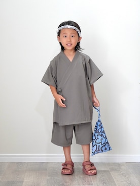 「b・ROOM（ビールーム）のテープサンダル【子供服】【キッズ】【男の子】【女の子】（サンダル、ブラウン系）」を使った、ryochan☺︎さん（キッズ・110cm）の夏コーディネート