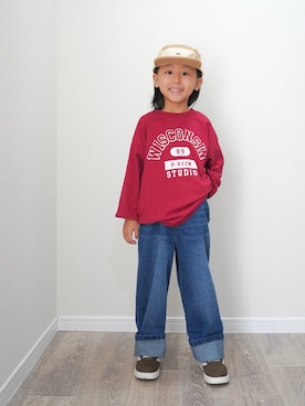 「b・ROOM（ビールーム）の【ともデニ】ルーズストレートパンツ（デニムパンツ、ブルー系）」を使った、ryochan☺︎さん（キッズ・110cm）の秋コーディネート