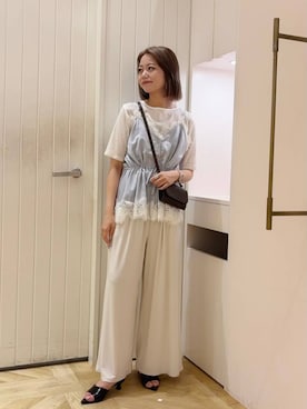 「LOWRYS FARM（ローリーズファーム）のラインストーンプルオーバーＳＳ 1045217（Tシャツ/カットソー、ホワイト系）」を使った、yuipiさん（レディース・158cm）の夏コーディネート