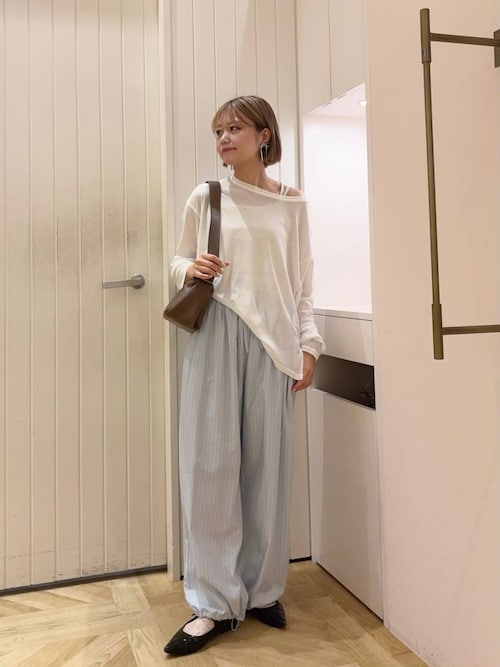 ストライプ長袖Tシャツ(無印良品)、ビーニー　ローリーズファームパンツ ストライプパジャマパンツ 639559（その他パンツ）｜LOWRYS FARM