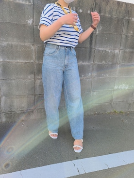「UNIQLO（ユニクロ）のハイライズワイドストレートジーンズ（デニムパンツ）」を使った、Mioさん（レディース・156cm）の夏コーディネート