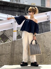 Pachman 黒 オフショルダー フレアトップス