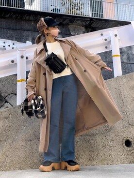 「reca（レカ）のアイテム（トレンチコート）」を使った、高野軍曹さん（レディース・158cm）の冬コーディネート