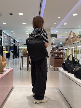 「russet（ラシット）のナイロンリュックサック（バックパック/リュック、ブラック系）」を使った、yyuuuさん（レディース・158cm）の夏コーディネート