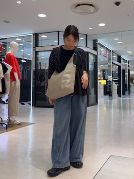 「russet（ラシット）のレザーホーボーバッグ L（ショルダーバッグ、ベージュ系）」を使った、yyuuuさん（レディース・158cm）の夏コーディネート