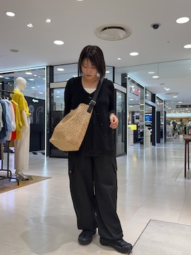 「russet（ラシット）のインド製ラフィアワンショルダーバッグ（ショルダーバッグ、ベージュ系）」を使った、yyuuuさん（レディース・158cm）の夏コーディネート