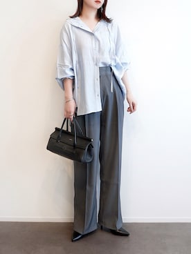 「GeeRA（ジーラ）の春を先取り！フード付きオーバーサイズシャツパーカー　アソート（無地/チェック）（シャツ/ブラウス、ブルー系）」を使った、haushinkaさん（レディース・157cm）の春コーディネート