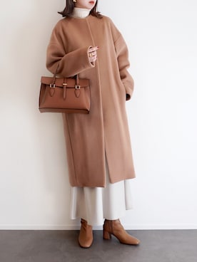 「ほめられ本命コーデ」｜「アイテム（ノーカラーコート）」を使った、haushinkaさん（レディース・157cm）の冬コーディネート