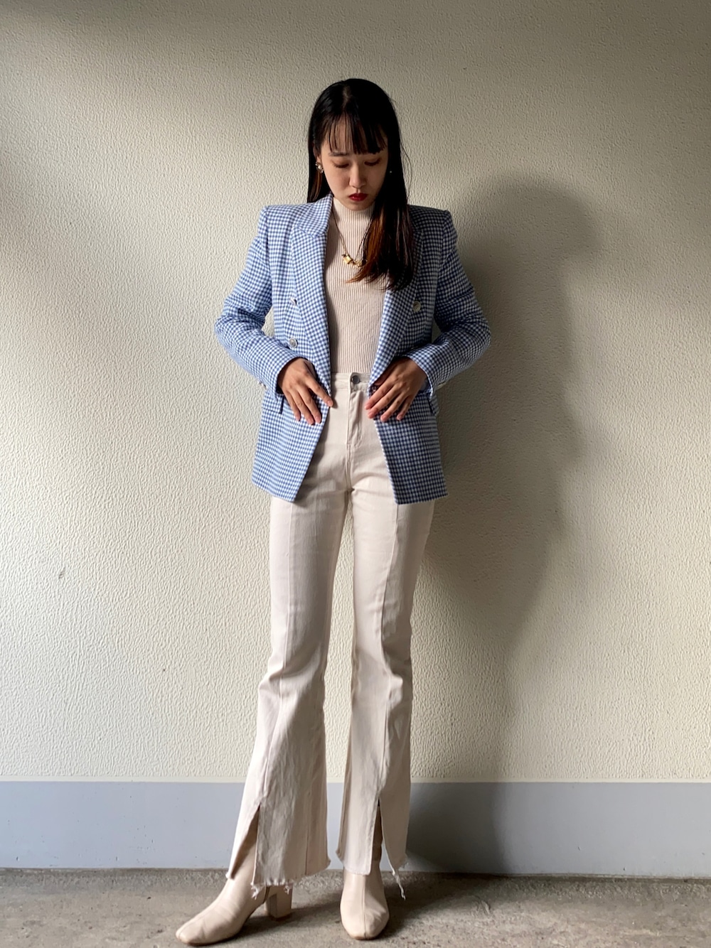 美品 ザラ ZARA 千鳥柄 セットアップ 水色 Mサイズ テーラード
