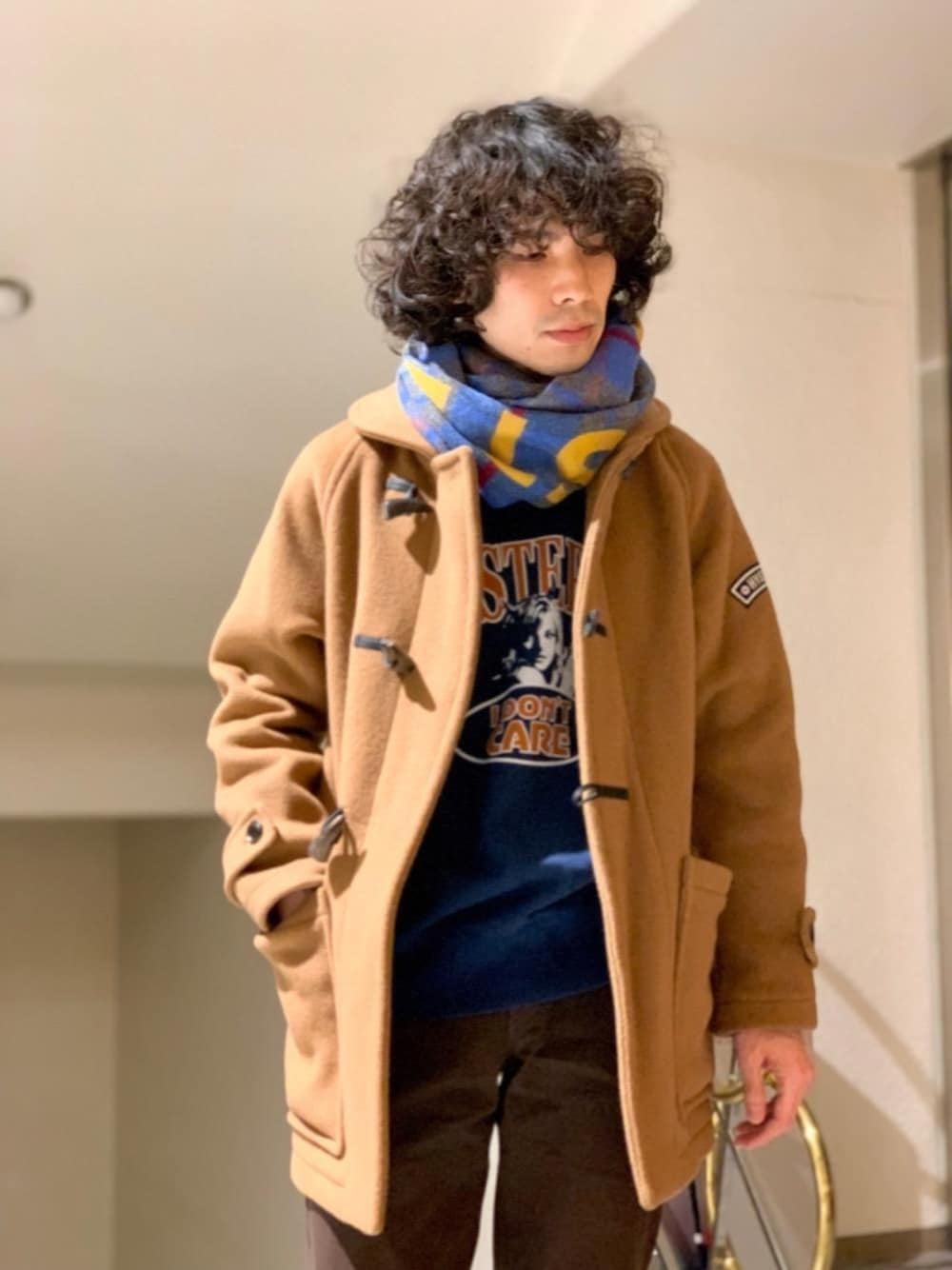 「スウェット、コート、マフラー、チノパン、ウールコート、冬コーデ、チェックマフラー、ヒステリックグラマー、LONDON Tradition、hysteric glamour」｜「HYSTERIC GLAMOURのデッキコート（その他アウター、ベージュ系）」を使った、ikechanさん（メンズ・171cm）の冬コーディネートの1枚目の写真