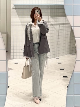 「OLIVE des OLIVE（オリーブデオリーブ）の【セットアップ対応/レース取り外し可】レース衿ゆるたぽテーラードジャケット（テーラードジャケット、グレー系）」を使った、ななみんさん（レディース・158cm）の春コーディネート