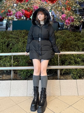 「OLIVE des OLIVE（オリーブデオリーブ）のウエストベルト付き中綿コート（ダウンジャケット/コート、ブラック系）」を使った、ななみんさん（レディース・158cm）の冬コーディネート