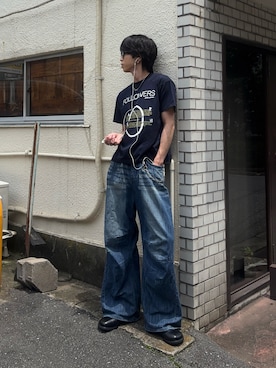 「999HUMANITY（999ヒューマニティ）のAV プリーツデニムパンツ (ビンテージブルー)（デニムパンツ、その他）」を使った、がんさん（メンズ・177cm）の夏コーディネート