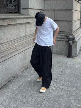「アイテム（スラックス）」を使った、がんさん（メンズ・177cm）の夏コーディネート