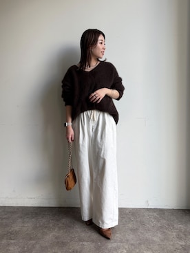 「DouDou（ドゥドゥ）のコーデュロイワイドイージーパンツ（その他パンツ）」を使った、doudouyukieさん（レディース・153cm）の冬コーディネート