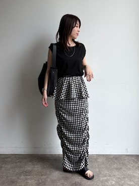 「DouDou（ドゥドゥ）の【接触冷感】リヨセル混フレンチプルオーバー（Tシャツ/カットソー、ブラック系）」を使った、doudouyukieさん（レディース・153cm）の夏コーディネート