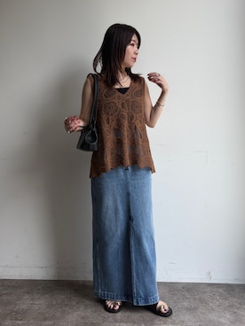 「DouDou（ドゥドゥ）の刺繍前後2WAYレースタンク（シャツ/ブラウス、イエロー系）」を使った、doudouyukieさん（レディース・153cm）の夏コーディネート