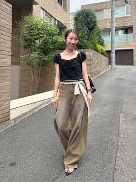 「mystic（ミスティック）のレースアップフレンチTシャツ（Tシャツ/カットソー、ブラック系）」を使った、YURIさん（レディース・153cm）の夏コーディネート