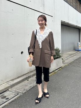 「mystic（ミスティック）のレース襟付きBIGジャケット（その他アウター、ブラウン系）」を使った、YURIさん（レディース・153cm）の夏コーディネート
