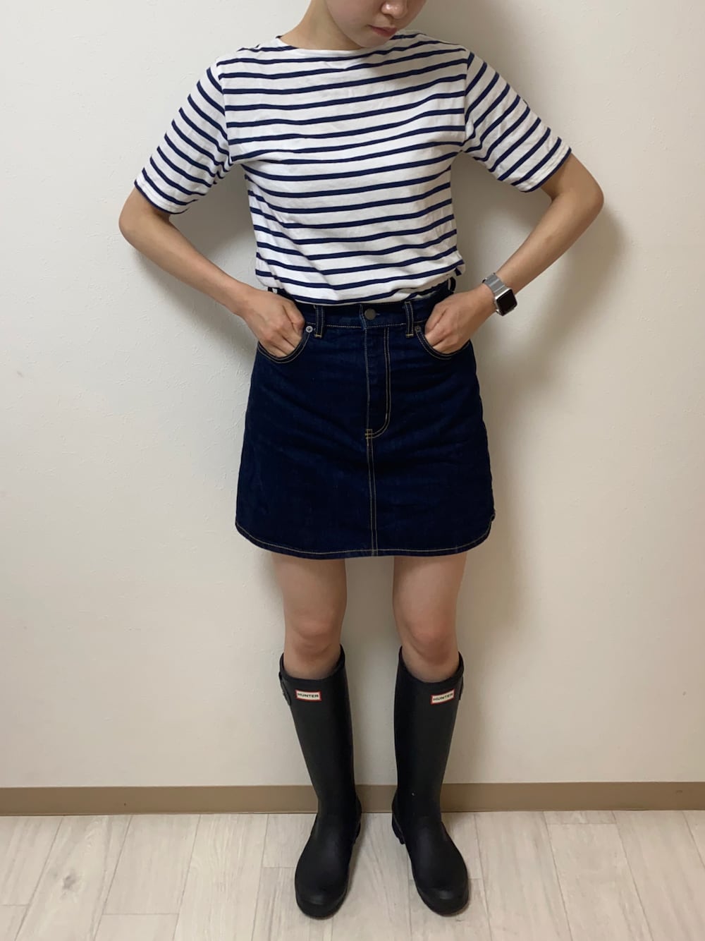 「シンプルコーデ、夏、雨の日コーデ、レインブーツ、ootd、おしゃれさんと繋がりたい、高身長女子、デニムコーデ、ボーダー、セントジェームス」｜「SAINT JAMESのSAINT JAMES/セントジェームス　PIRIAC/ピリアック（Tシャツ/カットソー、ブルー系）」を使った、ゆっぴさん（レディース・167cm）の夏コーディネートの1枚目の写真
