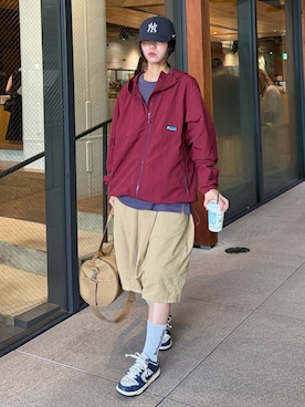 「Franklin Climbing（フランクリンクライミング）の【Franklin Climbing】男女兼用/撥水ナイロンマウンテンパーカー/ナイロンジャケット（マウンテンパーカー、レッド系）」を使った、てりおさん（レディース・162cm）の秋コーディネート