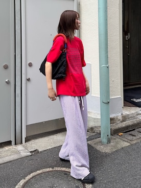 「CIAOPANIC TYPY（チャオパニックティピー）の【UNISEX】【全12色展開】メッセージプリント半袖Tee（Tシャツ/カットソー、ブルー系）」を使った、てりおさん（レディース・162cm）の夏コーディネート