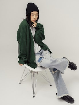 「モヘアカーディガン」｜「アイテム（ニットキャップ/ビーニー）」を使った、Ressaca staffさん（レディース・163cm）の冬コーディネート