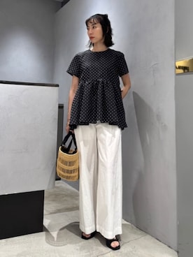 「MUUN（ムーニュ）のMUUN / GEORGE NET(ジョージ ネット)（かごバッグ、ベージュ系）」を使った、eriさん（レディース・157cm）の春コーディネート