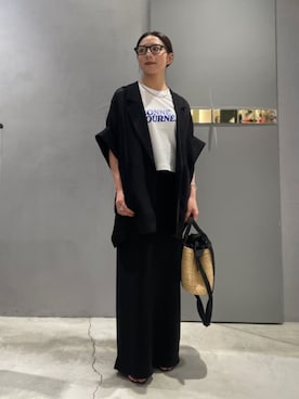 「DRESSLAVE（ドレスレイブ）のkarami wide adjust jacket(カラミワイドアジャストジャケット)（テーラードジャケット、ブラック系）」を使った、eriさん（レディース・157cm）の春コーディネート