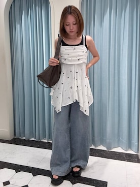 「LOWRYS FARM（ローリーズファーム）のＢＡＳＩＣシアータンク 1042099（タンクトップ、ブラック系）」を使った、AYAKAさん（レディース・157cm）の夏コーディネート