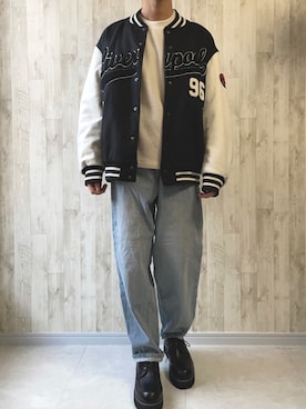 「大学生」｜「アイテム（スタジャン）」を使った、まっくろ🐕さん（メンズ・166cm）の冬コーディネート