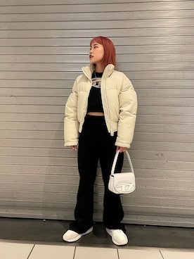 「DIESEL（ディーゼル）のアイテム（ダウンジャケット/コート）」を使った、ちゃんしいさん（レディース・156cm）の秋コーディネート