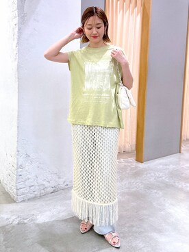 「LEPSIM（レプシィム）のフレンチスリーブプリントチュニック　124107（Tシャツ/カットソー）」を使った、m.a.k.oさん（レディース・166cm）の夏コーディネート