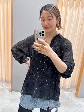 「LEPSIM（レプシィム）のメタルスライドサンダル　638914（サンダル、ブラック系）」を使った、m.a.k.oさん（レディース・166cm）の夏コーディネート